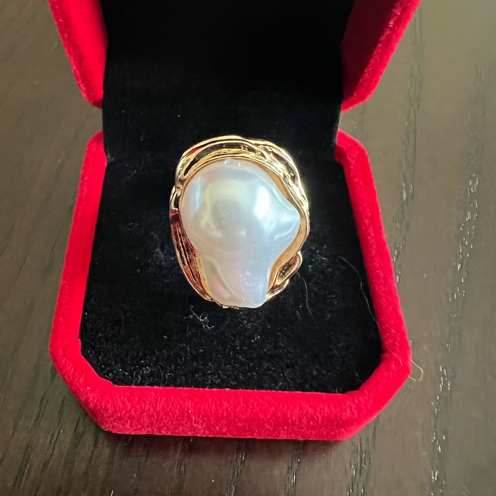 Gold and White Pearl Adjustable Ring Size 7-9